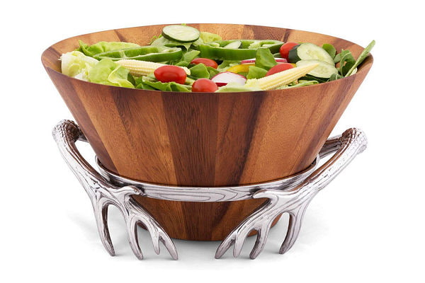 Tall Wood Salad Bowl with Antler Pattern Aluminum Stand